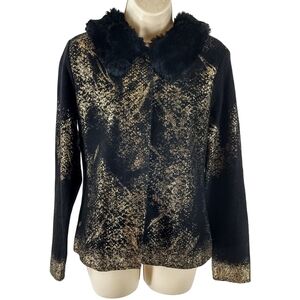 Chico's Black and Gold  Jacket With Removable Faux Fur Collar